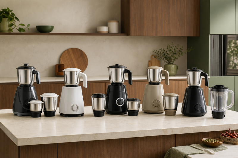 Five unbranded mixer grinders with varied stainless-steel jar configurations on a kitchen counter