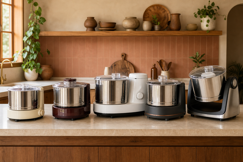 Five unbranded tabletop wet grinders with different drum sizes arranged on a kitchen counter