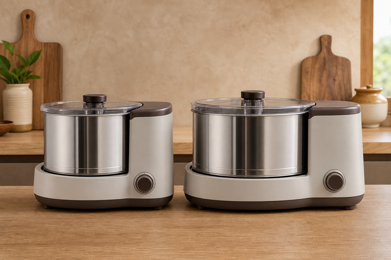 Two unbranded tabletop wet grinders with slightly different drum and body sizes shown side by side
