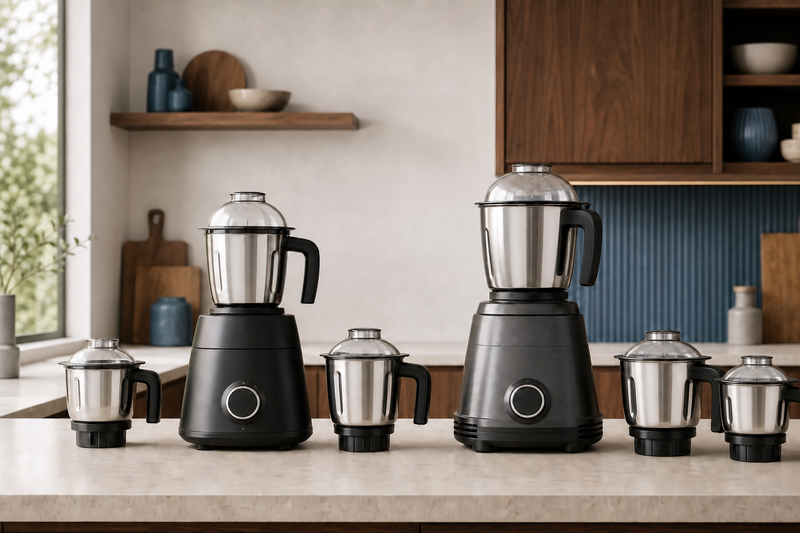 Two unbranded mixer grinders shown side by side with three stainless-steel jars per configuration