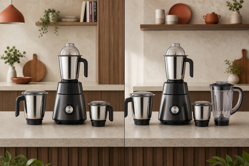 Three-jar and four-jar mixer grinder configurations compared side by side with an extra transparent juicer jar
