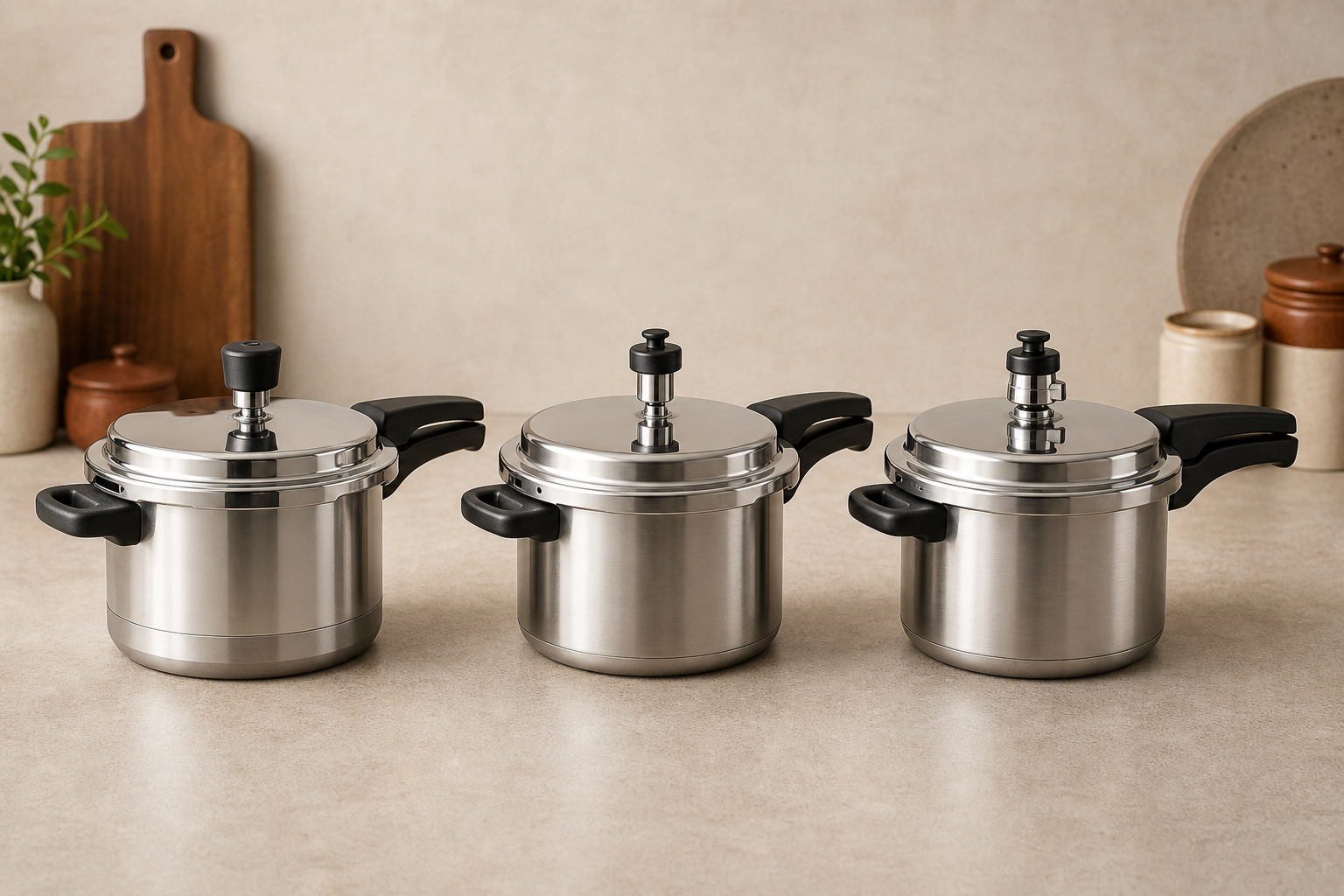 Three unbranded 5.5 litre stainless-steel outer-lid pressure cookers compared side by side on a warm kitchen counter