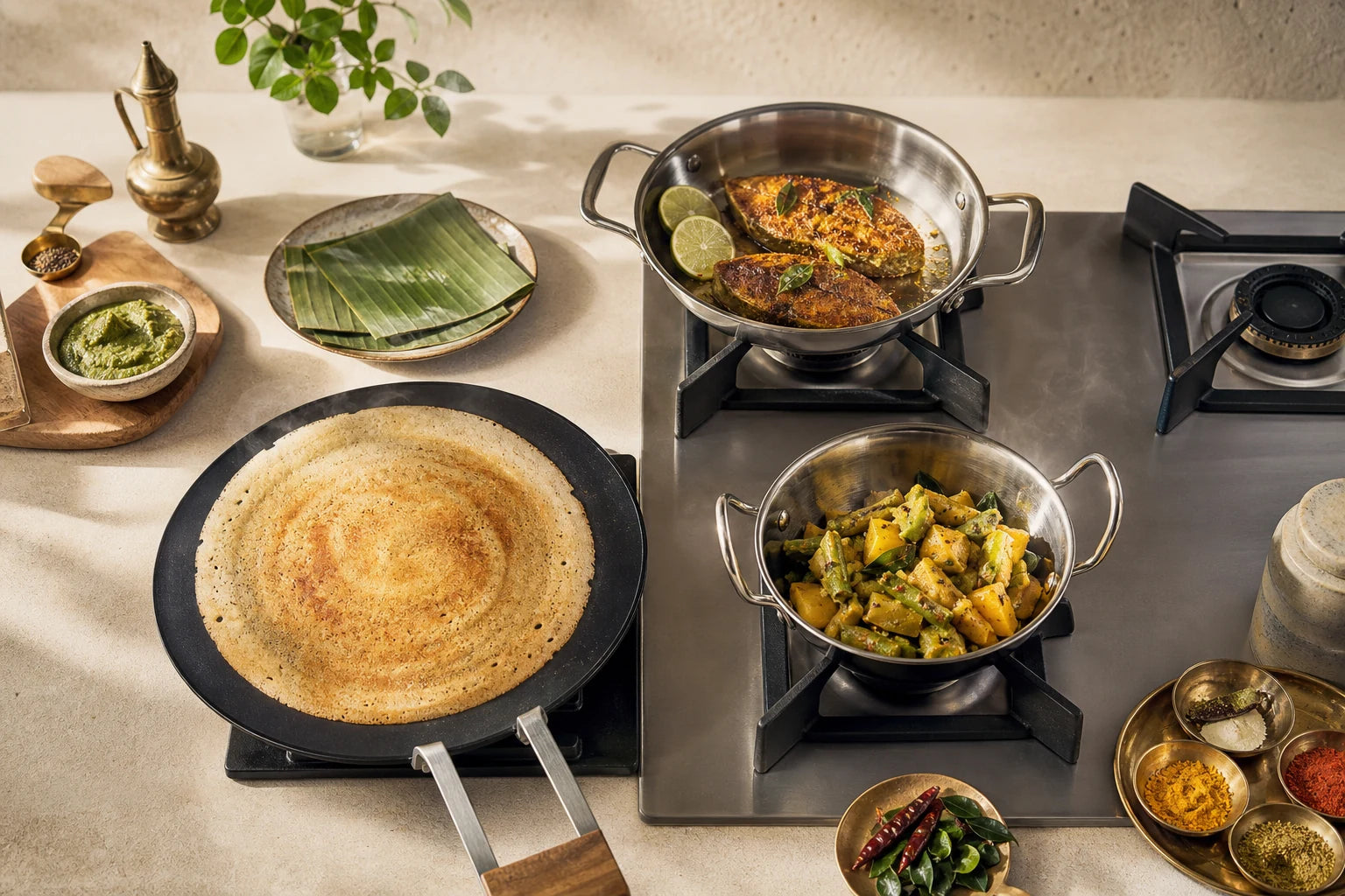 Dosa, fish and vegetables cooking in multiple pans and tawas